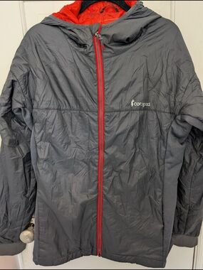 cotopaxi Gray Hooded Packable Jacket with Red Trim
